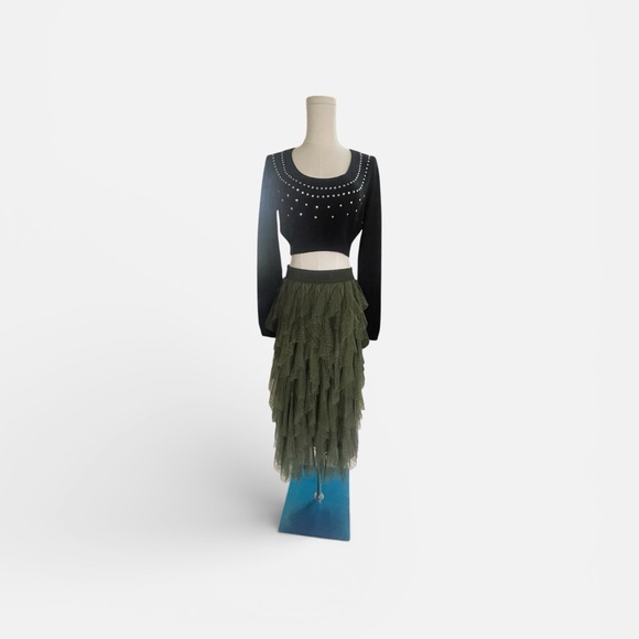 Anthropologie Chéri Ruffled Tulle Midi Skirt Green XS Tiered Flocked Dot - Picture 4 of 9